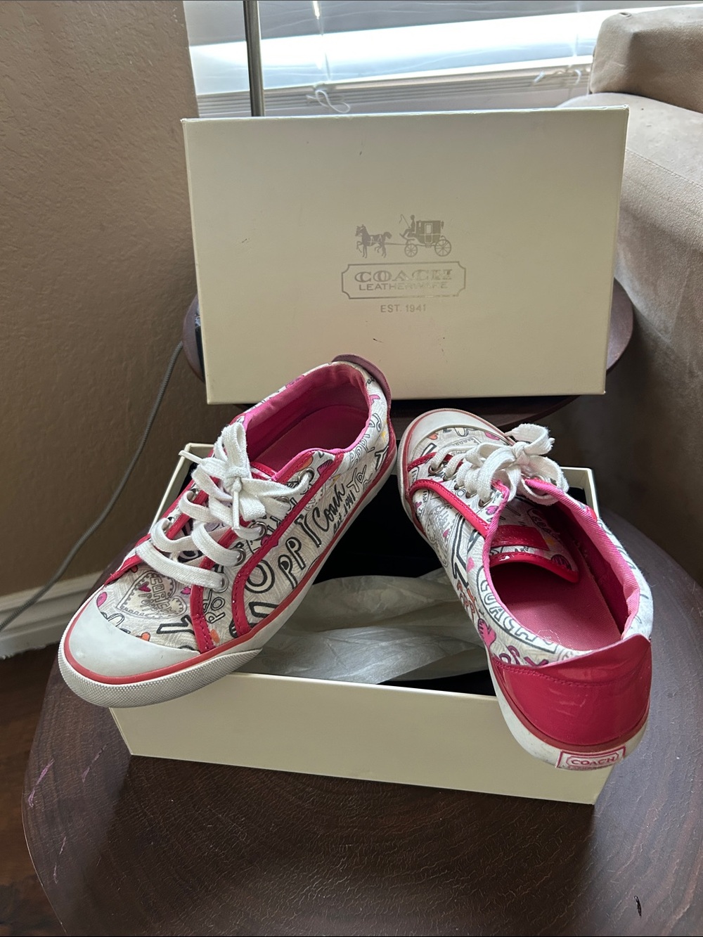 Coach White and Pink Graphic Low-Top Sneakers